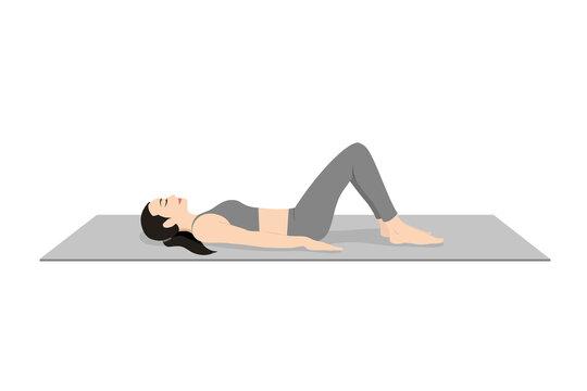 Constructive Rest Pose, Corpse Pose Variation Bent Legs, Beautiful girl practice Savasana Variation Bent Legs. Young attractive woman practicing yoga exercise. working out, black wearing sportswear