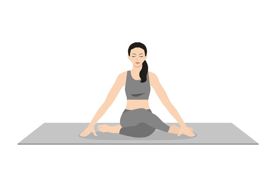 Shoelace Pose, Beautiful girl practice Shoelace Pose. Young attractive woman practicing yoga exercise. working out, black wearing sportswear, grey pants and top, indoor full length, calmness and relax