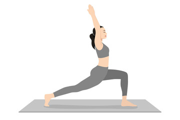 Fototapeta premium Crescent Pose, Crescent High Lunge Pose, Eight Point Crescent Moon Pose, Alanasan Beautiful girl practice Ashta Chandrasana, Young attractive woman practicing yoga exercise. working out, black wearing