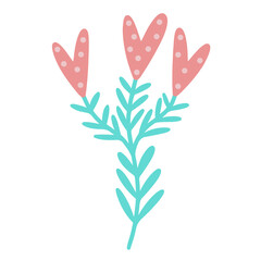 Cute vintage flower heart shaped vector icon. Hand-drawn illustration isolated on white background. Beautiful abstract plant with polka dots. Clipart for valentine's day. Simple color sketch,  doodle.