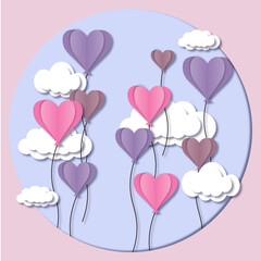 Fototapeta na wymiar postcard in paper style heart in clouds