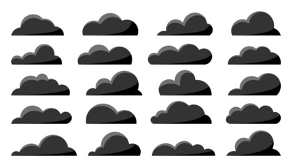 Cloud black flat set. Cartoon mainly cloudy weather symbol game app widget web interface. Smoke soot pollution exhaust fumes element overcast sky 2D. Element for postcard book shape isolated on white