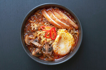 Ramen is a national, popular dish of traditional Korean cuisine. Asian soup with noodles, chicken...