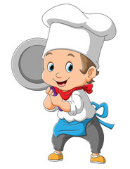 The funny chef is holding a frying pan