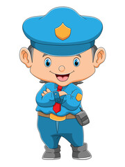 The policeman is standing with a cool pose