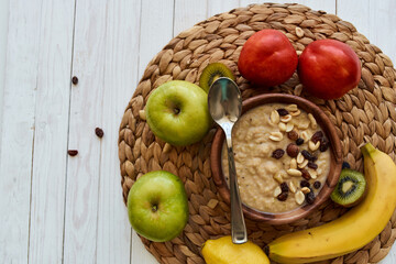 fruit dessert breakfast cereals vitamins organic wood background