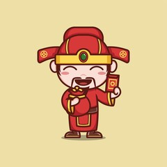 cute cartoon caishen god in chinese new year with gold and gifts. vector illustration for mascot logo or sticker