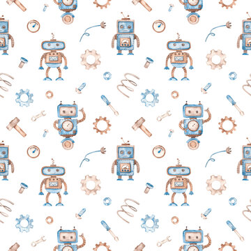 Watercolor set with robots.Watercolor seamless pattern with robots