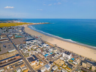 Hampton Beach aerial view including historic waterfront buildings on Ocean Boulevard and Hampton Beach State Park, Town of Hampton, New Hampshire NH, USA. - obrazy, fototapety, plakaty