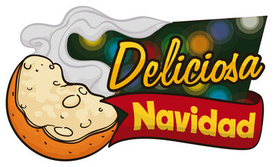 Sign with Steamy Half Bitten Fritter Promoting a Delicious Christmas, Vector Illustration