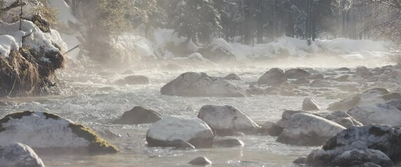 Sun light shine on forest Alps misty river winter snow nature scenery
