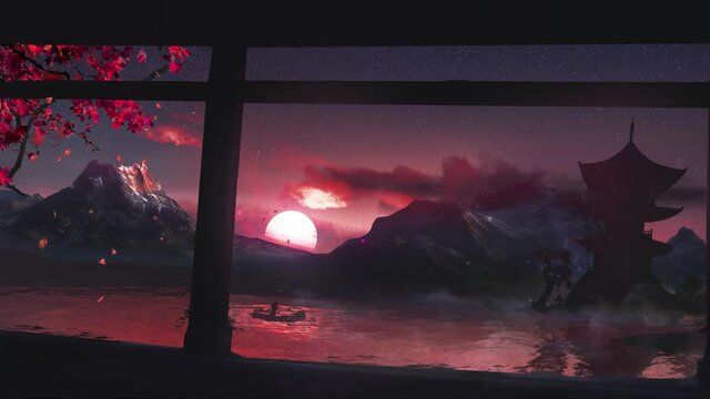 Oriental digital background art animation, dramatic sunset or sunrise in Japan video game, beautiful red landscape background