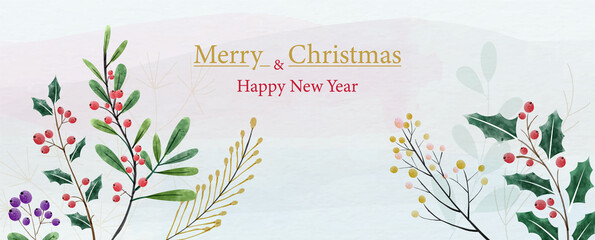 Christmas holly and berries with decoration branches in watercolors style and Christmas wording on watercolors and white background. Christmas greeting card in vector and watercolors style