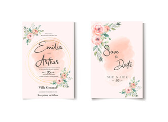 Wedding floral golden invitation card save the date design with pink flowers roses and green leaves wreath and frame. Botanical elegant decorative vector template in watercolor style