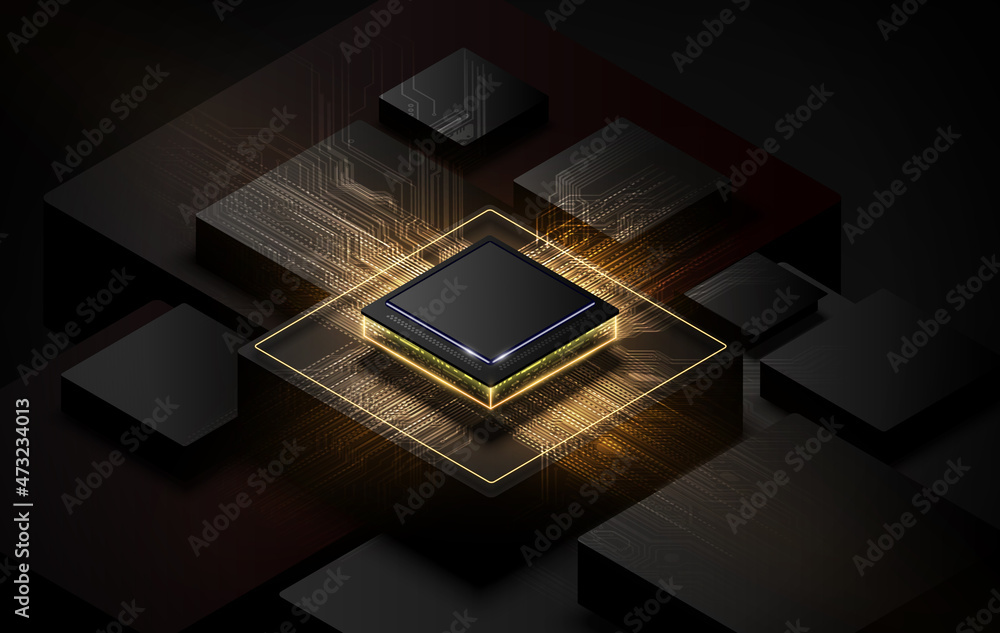 Poster abstract technology chip processor background circuit board and html code,3d illustration blue techn