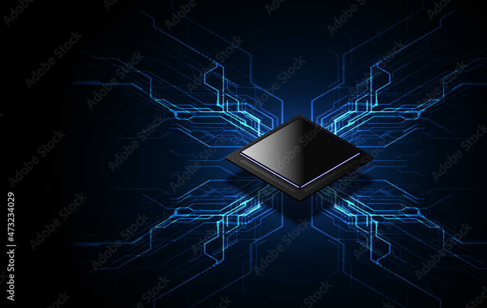 Poster abstract technology chip processor background circuit board and html code,3d illustration blue techn