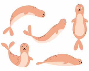  Childrens set of cute seals in cartoon style. A hand-drawn set of seals in different poses.