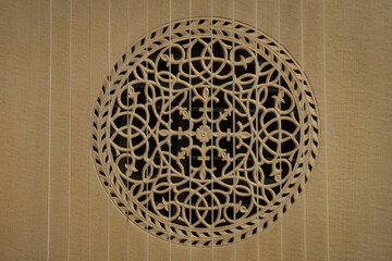 Theorbo of the 17th century. Close-up details....