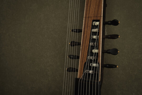 Theorbo of the 17th century. Close-up details....