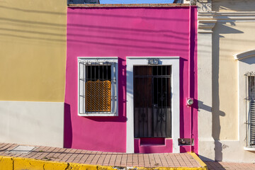 Mexico, Mazatlan, Colorful old city streets in historic city center near El Malecon promenade, ocean shore Zona Hotelera Hotel Zone and central Mazatlan Basilica cathedral.