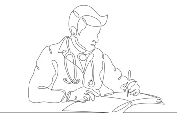 Obraz na płótnie Canvas One continuous line.Medical doctor with endoscope. Doctor writes. Medicine and healthcare. Doctor visit.One continuous drawing line logo isolated minimal illustration.