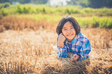 Naklejka na ściany i meble Children helping sweep haystack to pile in rice field of organic farm