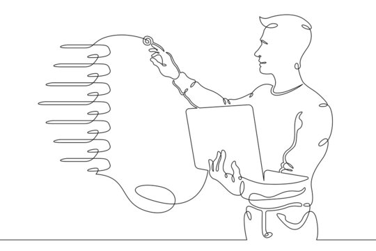 recommend clip art: IT specialist is holding a laptop. Data center, server cabinet. Digital technologies. Working with the server. One continuous line .One continuous drawing line logo isolated minimal illustration.