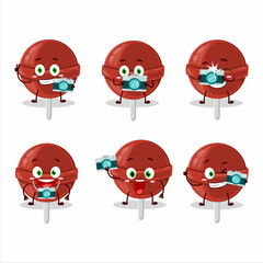 Photographer profession emoticon with sweet strawberry lollipop cartoon character