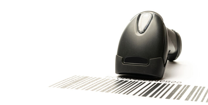 Barcode scanning. Reader laser scanner for warehouse. Retail label barcode scan isolated on white background. Warehouse inventory management.