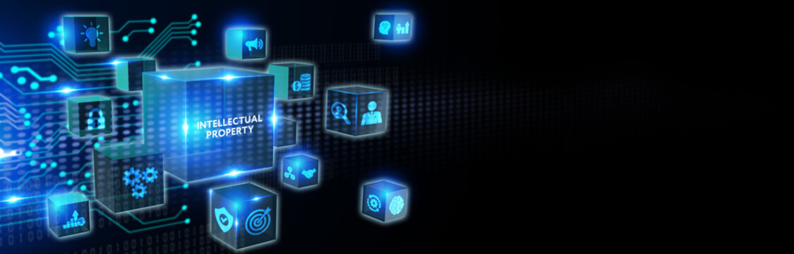 The concept of business, technology, the Internet and the network. virtual screen of the future and sees the inscription: Intellectual property 3d illustration