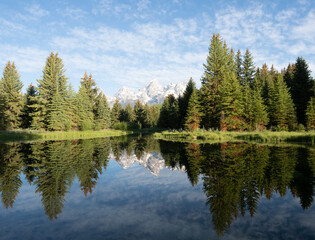 Fototapeta na wymiar Mirror Image of Pine Trees and Teton Mountains in Beaver Pond at Schwabacher's Landing in Grand Teton National Park, Wyoming
