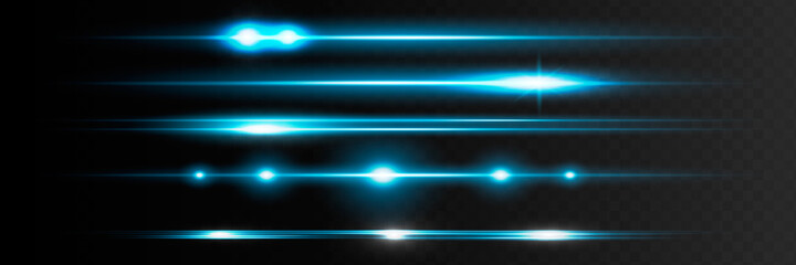 Blue horizontal lens flares pack. Laser beams, horizontal light rays.Beautiful light flares. Glowing streaks on dark background. Luminous abstract sparkling lined background.