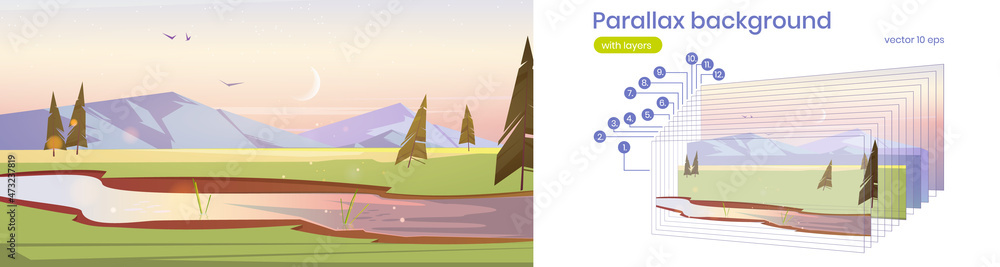 Poster parallax background early morning cartoon scenery landscape with green fields and river flow across 