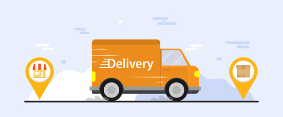 Shopping online. Delivery truck drive from store to costumer address. Business concept. Abstract cloud background. Transportation concept. Deliver company. Online transport. online store. 