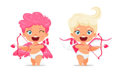 Happy cute cupid characters with wings and standing opposite direction and posing with arrow and pointing with cheerful expression isolated