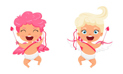 Happy cute cupid characters with wings and jumping posing with arrow with cheerful expression