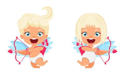 Happy cute cupid characters with wings and flying posing opposite direction with arrow with cheerful expression