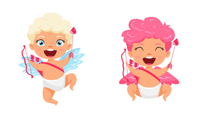 Happy cute cupid characters with wings and jumping flying posing with arrow with cheerful expression