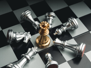 The golden queen chess piece standing with falling silver knight, rook, bishop, pawn pieces on chessboard on dark background, top view. Leadership, winner, competition, and business strategy concept.