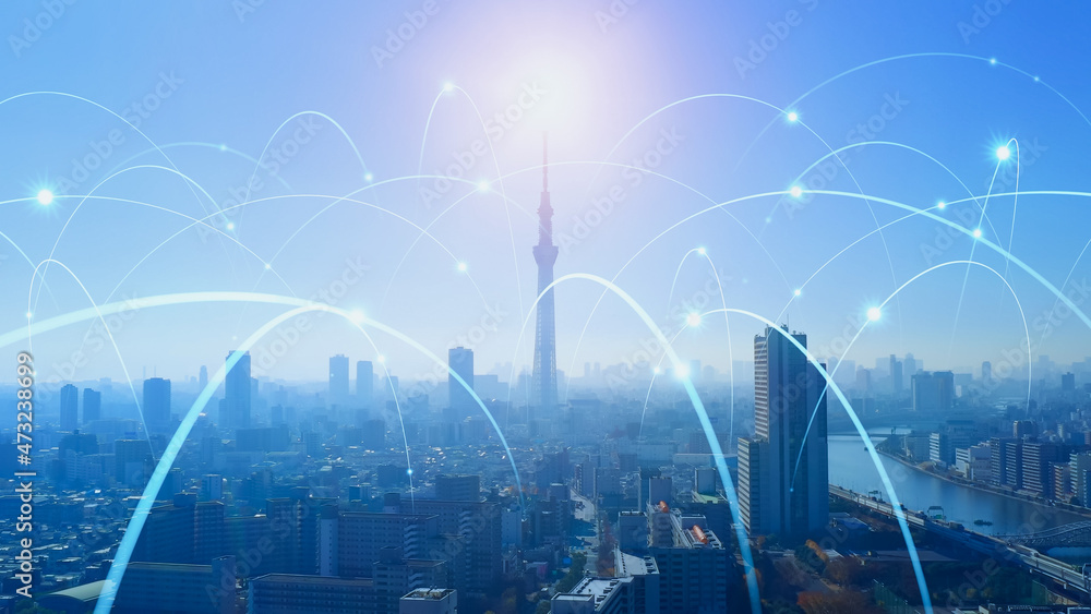 Poster smart city and communication network concept. 5g. iot (internet of things). telecommunication.