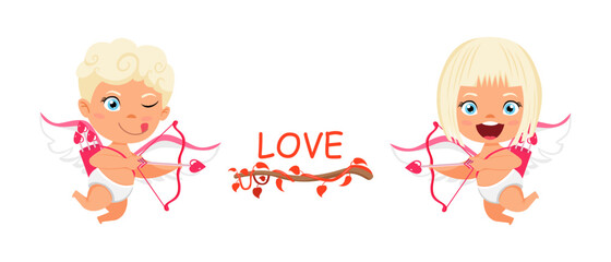 Happy cute cupid characters with wings and flying posing with arrow and pointing to love text with cheerful expression isolated