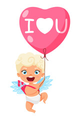 Happy cute cupid character with wings flying and holding hart shape love balloon I love you text isolated