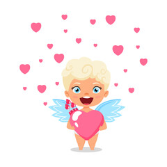 Happy cute cupid character with wings and standing holding hart shape placard