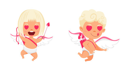 Happy cute cupid characters with wings and jumping flying posing with arrow with cheerful expression isolated on white background