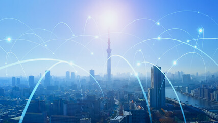 Smart city and communication network concept. 5G. IoT (Internet of Things). Telecommunication.