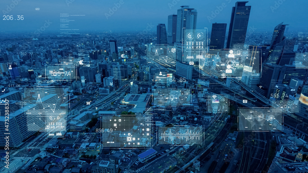 Poster smart city and communication network concept. digital transformation.