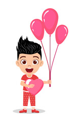 Happy cute kid boy character standing and holding hart shape love balloons