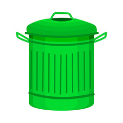 Green recycling bin with cover and handles isolated on white background.Office container for paper garbage.Street can,dustbin, bucket, rubbish pail, or box for waste, trash, litter.Vector illustration