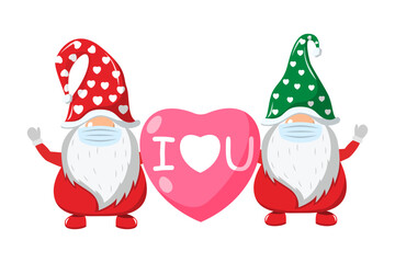 Cute beautiful Santa character wearing mask and holding hart shape love placard with I love you text