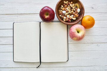 fruit cereals proper nutrition notepad breakfast diet top view